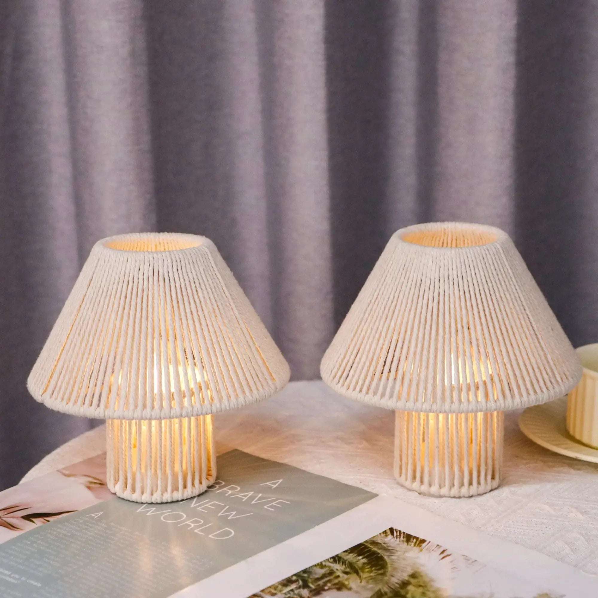 Set of 2 JHY DESIGN woven cotton rope cordless LED table lamps in natural cream.
