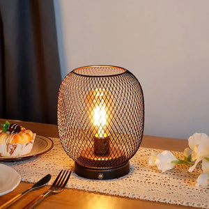 JHY DESIGN 7H touch-adjustable table lamp with bronze round metal cage, battery-powered