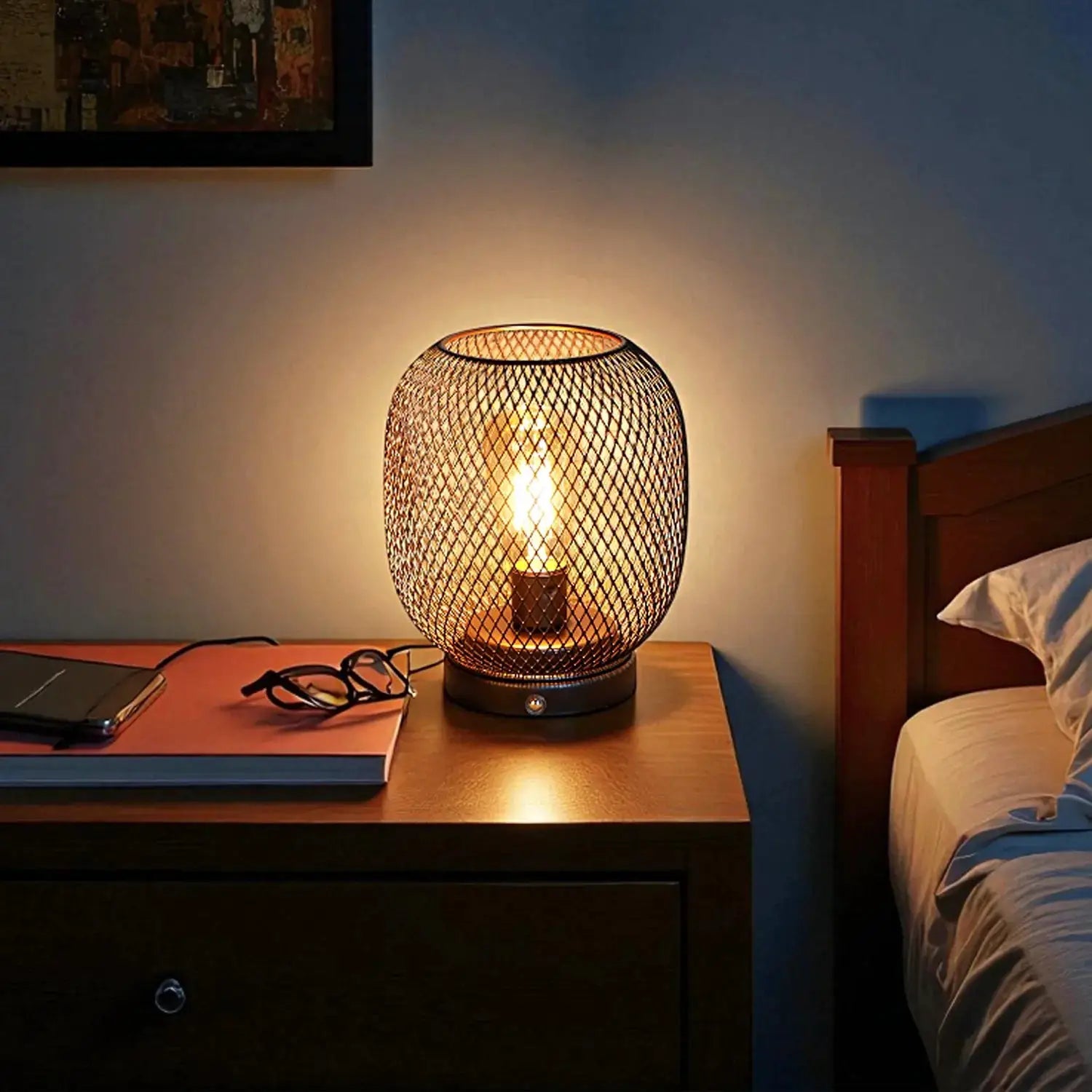 Table lamp, 7-inch tall, bronze round metal cage shade; touch-activated and battery-powered