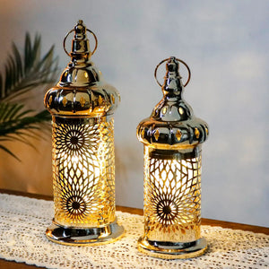 Ramadan lanterns set of 2, gold metal electric candle holders with intricate lattice pattern
