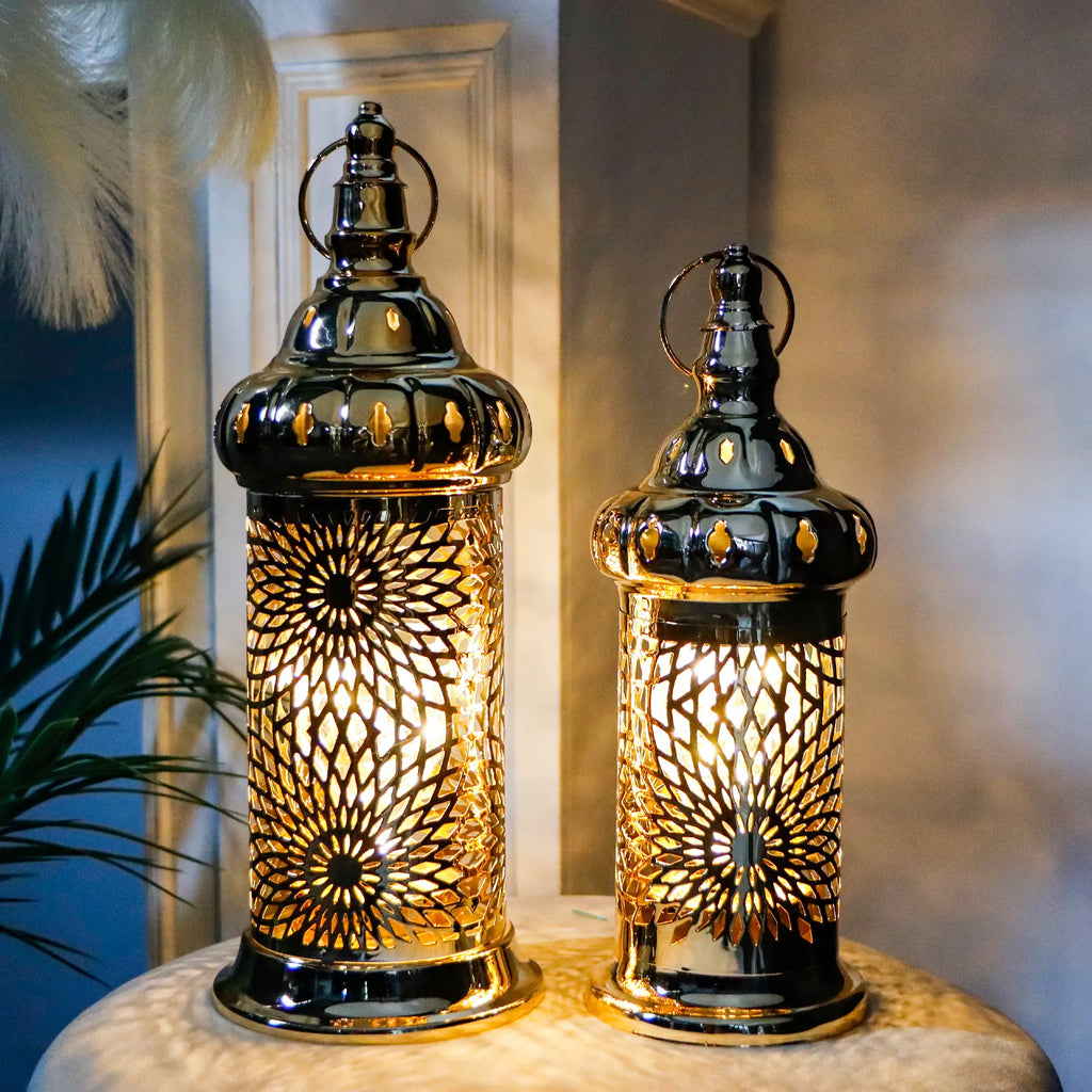 Ramadan Lanterns Set of 2 Gold Electric Candle Holders