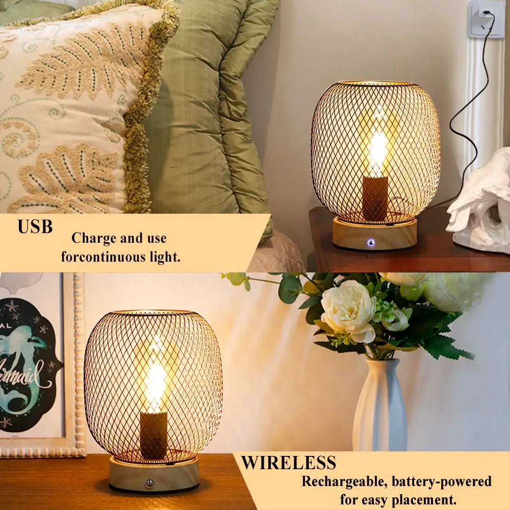 7.5''H Touch Adjustable Table Lamp with wooden base and bronze round cage; battery-powered USB rechargeable.