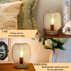 7.5''H Touch Adjustable Table Lamp with wooden base and bronze round cage; battery-powered USB rechargeable.