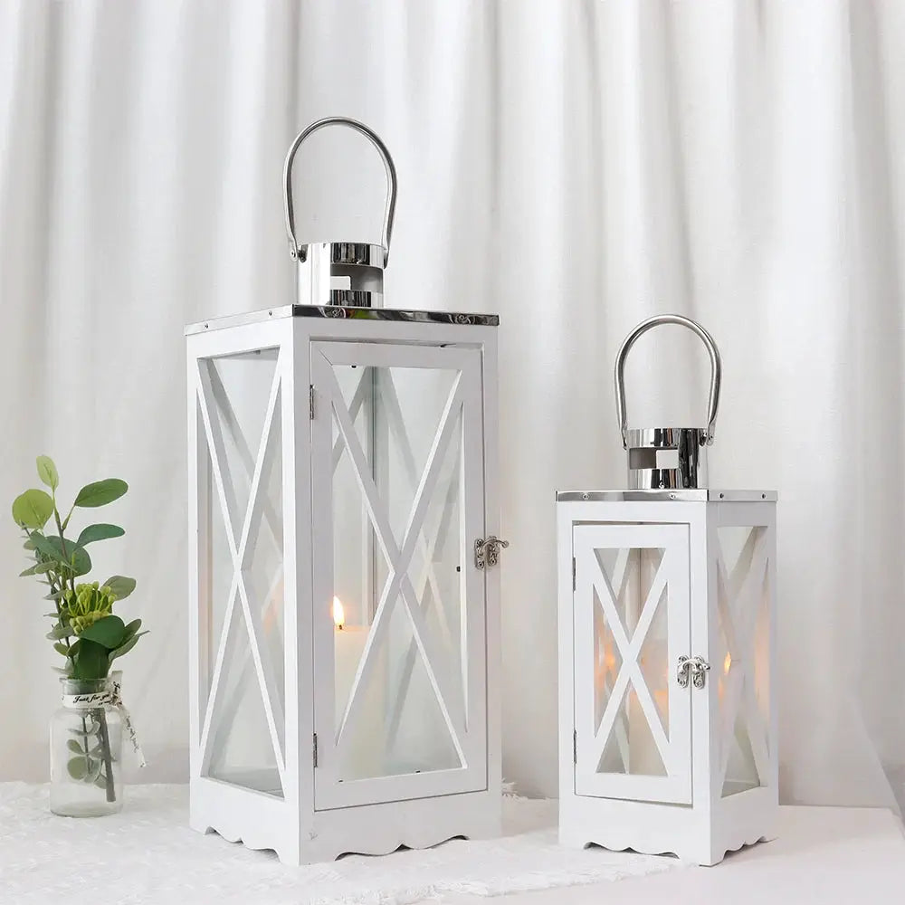 Set of 2 white rectangular farmhouse wood lanterns with glass panels and metal handles (17.5 in, 24.5 in).
