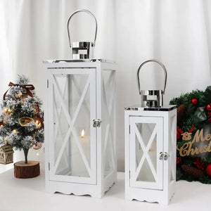 Farmhouse wooden lanterns set of two, white with glass panels and metal handles, by JHY DESIGN
