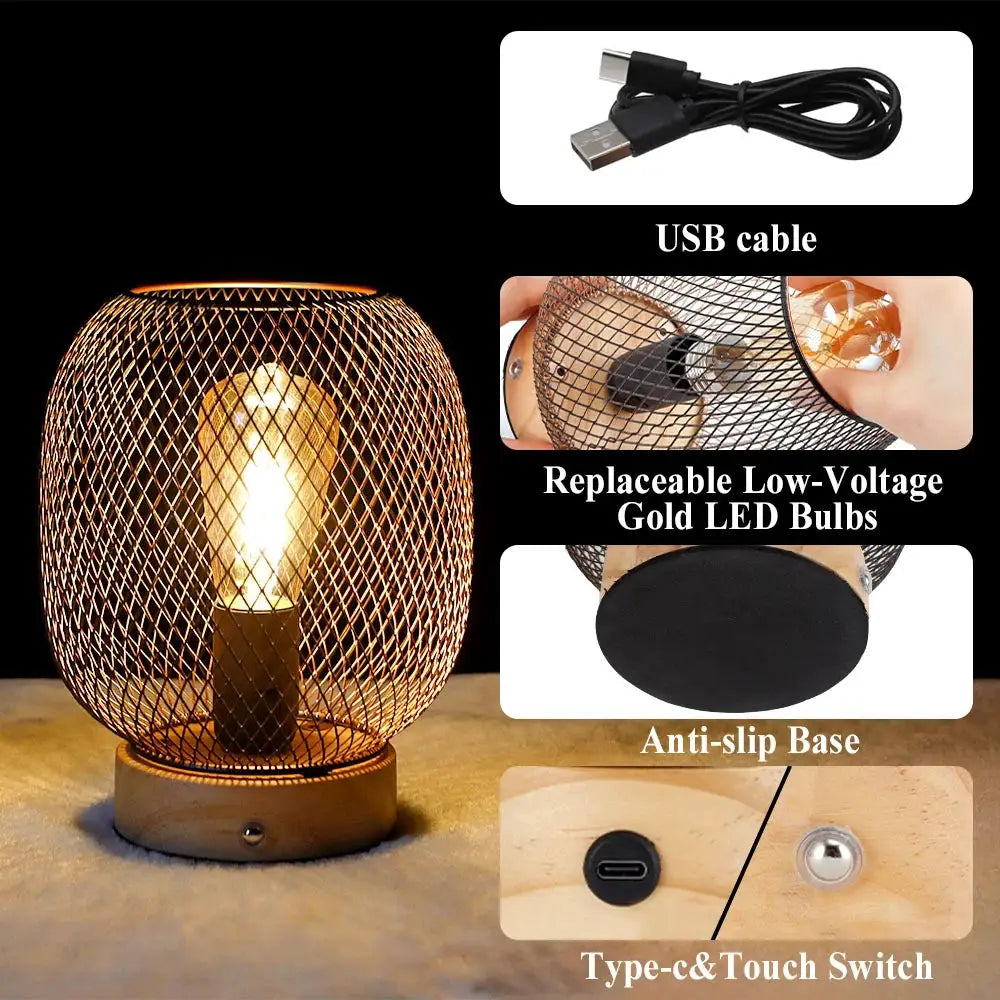 7.5in touch-adjustable table lamp with wooden base and bronze cage, battery-operated USB lamp