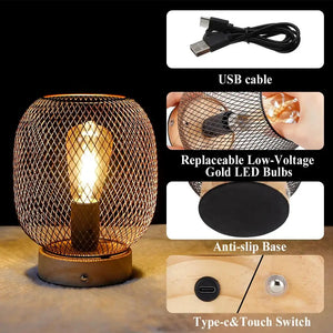 7.5in touch-adjustable table lamp with wooden base and bronze cage, battery-operated USB lamp