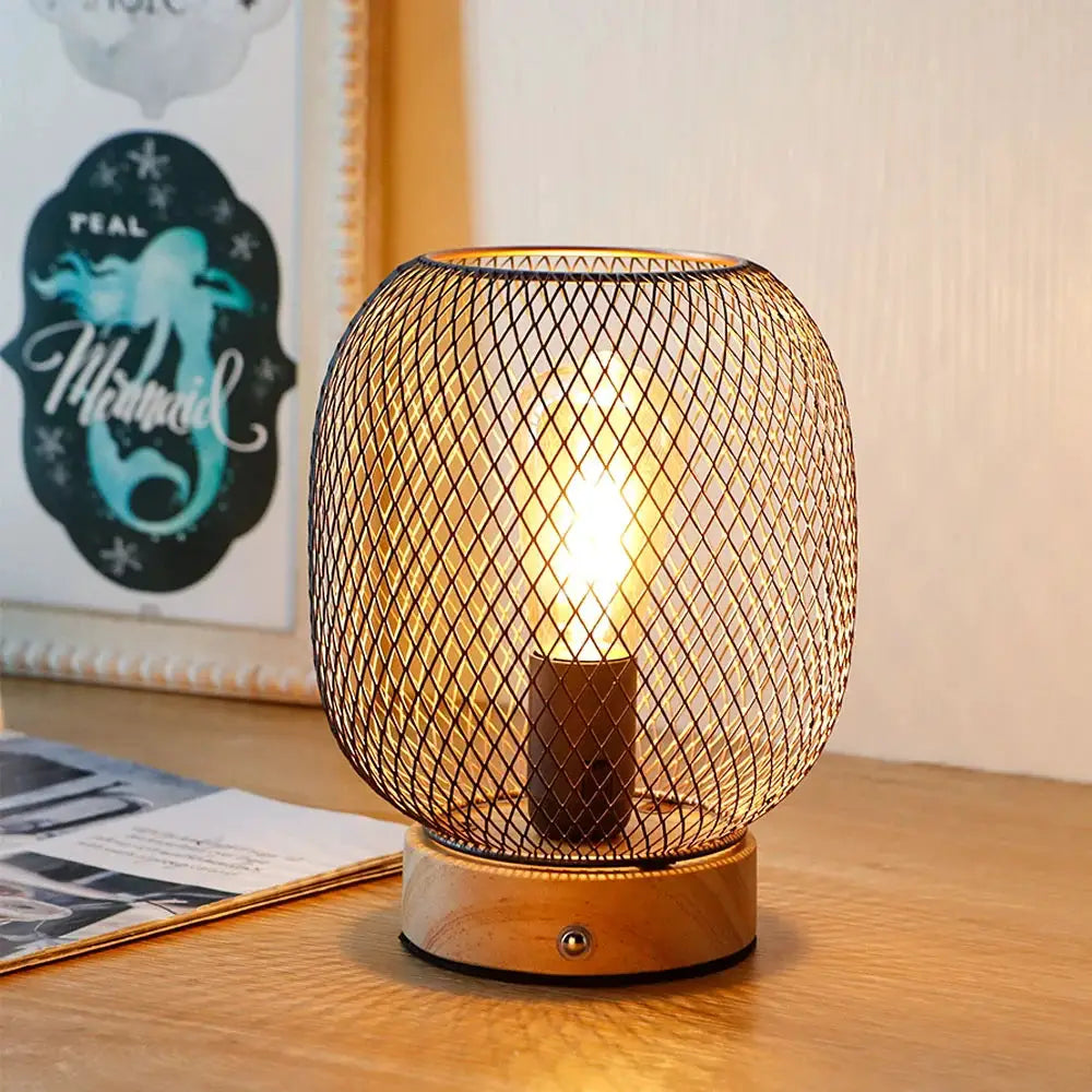 7.5-inch touch-adjustable table lamp with wooden base and bronze mesh cage, battery-operated by JHY DESIGN