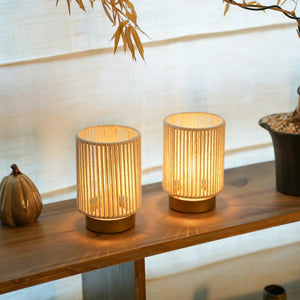 Set of 2 braided cotton rope table lamps, 6.5in tall, natural beige, battery operated