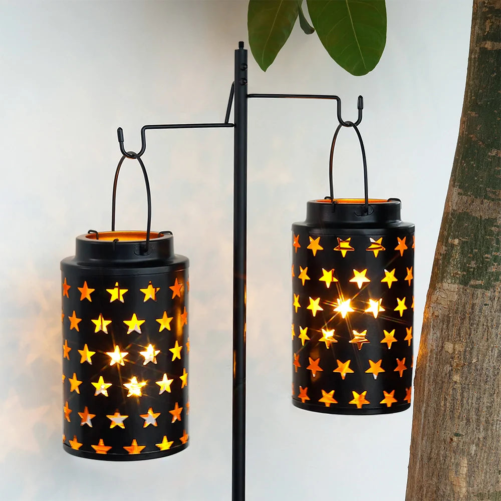 Set of 2 8"H Metal Candle Lanterns with Handle(Hollow Stars)