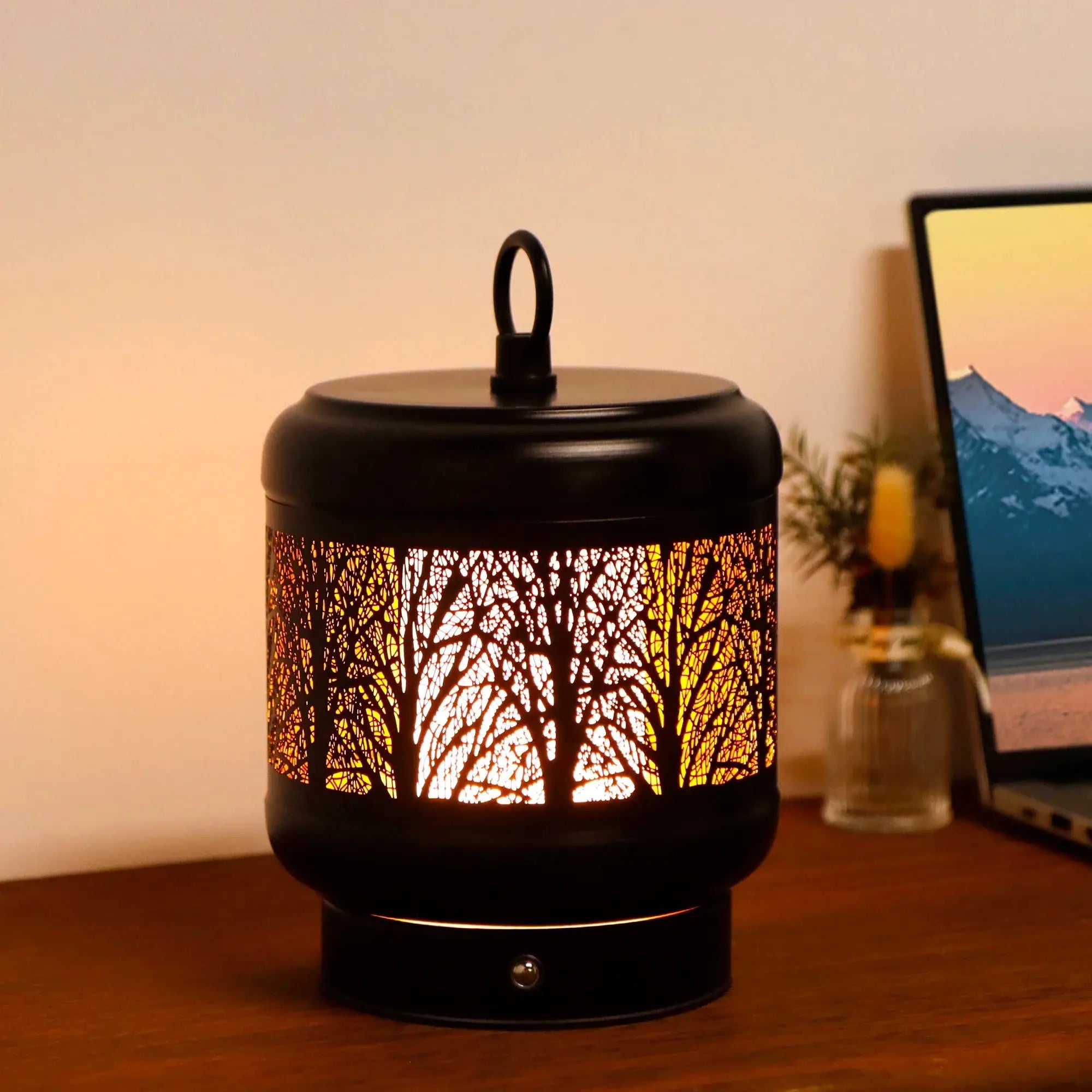 4000mAh rechargeable desk lamp by JHY DESIGN with tree-patterned metal shade, warm glow
