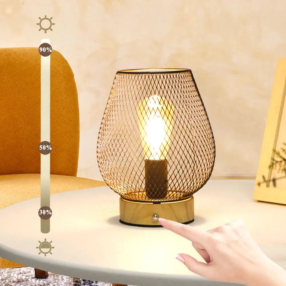 8-inch touch-adjustable table lamp with wooden base and bronze egg mesh cage by JHY DESIGN, battery operated