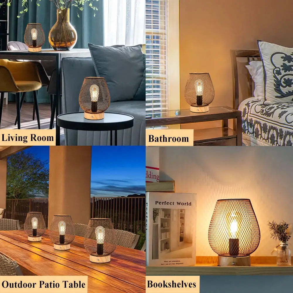 8-inch-tall touch-adjustable table lamp with wooden base and bronze cage; battery-operated, set of 4 shown.