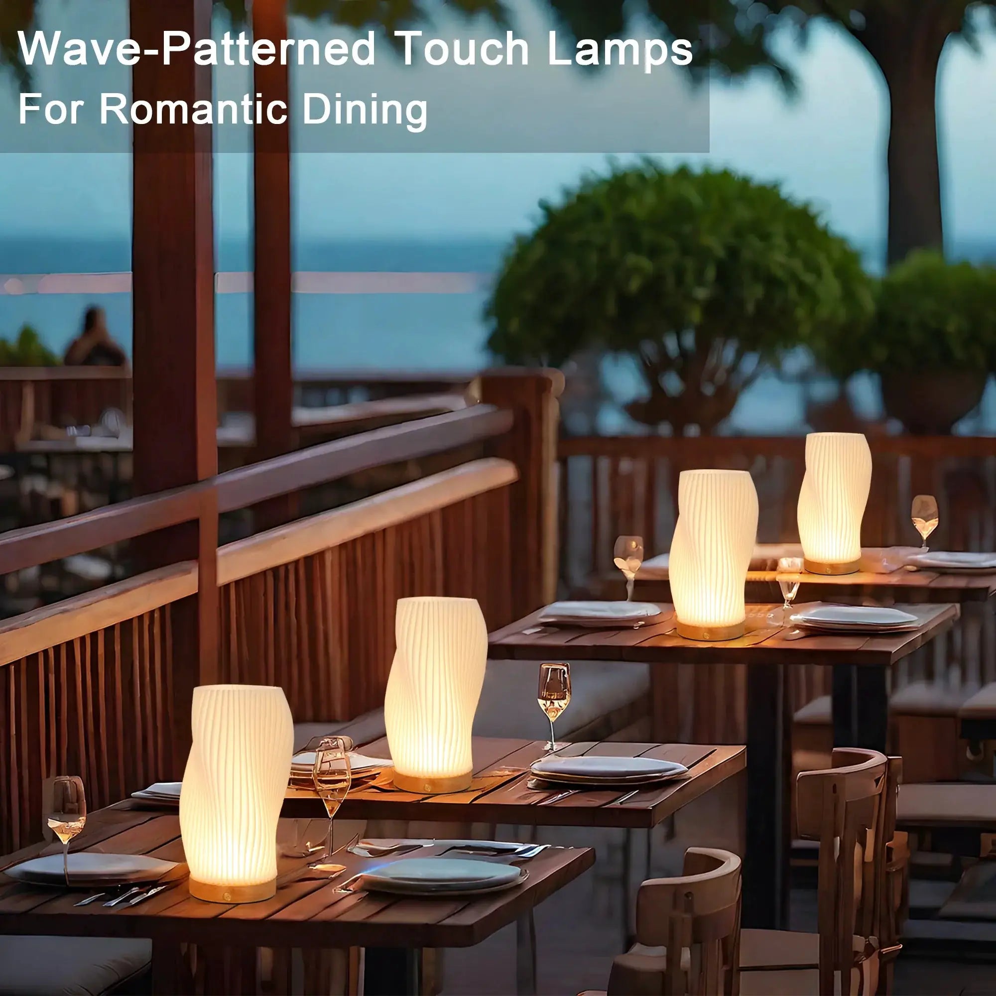 9-Inch H Touch Table Lamp by JHY DESIGN; battery, ribbed white wave-pattern lamps on outdoor table, several visible