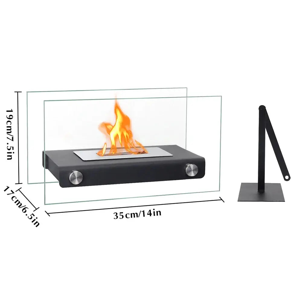JHY DESIGN 14-inch L portable tabletop fireplace, black gel/ethanol unit with glass guards and stand.
