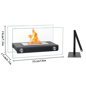 JHY DESIGN 14-inch L portable tabletop fireplace, black gel/ethanol unit with glass guards and stand.