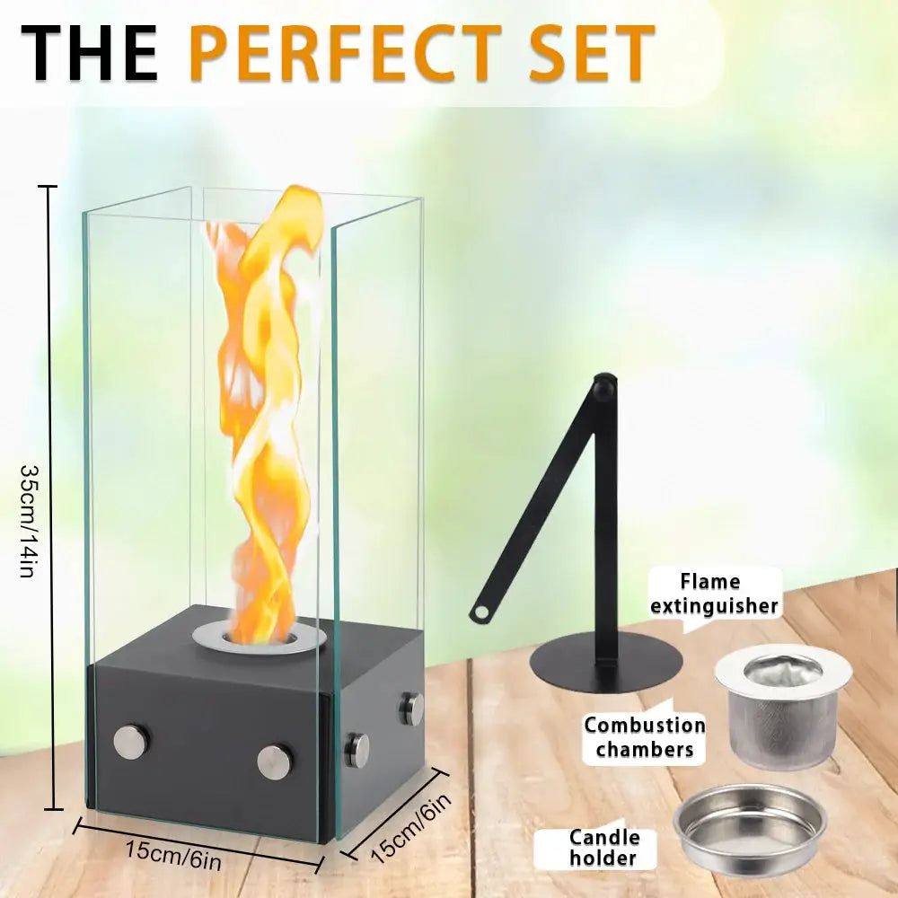 Rectangular glass tabletop firepit by JHY DESIGN; indoor gel/ethanol fireplace with glass enclosure and dark base