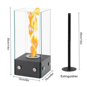 Rectangular glass tabletop firepit 35cm high by JHY DESIGN; black base with glass enclosure and visible flame