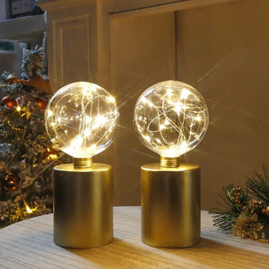 JHY DESIGN 8in tall gold battery-powered table lamps; set of 2 with glass orbs and warm string lights
