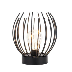 7-inch tall battery-powered table lamp by JHY DESIGN with a black curved metal cage around a clear bulb.