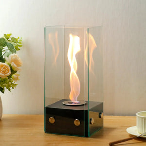 Rectangular glass tabletop firepit by JHY DESIGN; clear glass panels, black base