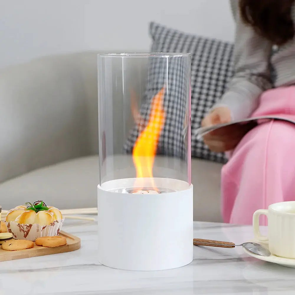 JHY DESIGN portable tabletop firepit, cylindrical glass enclosure with white base and flame