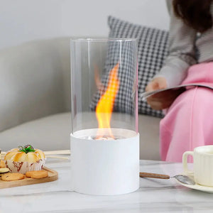 JHY DESIGN portable tabletop firepit, cylindrical glass enclosure with white base and flame