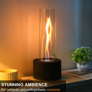 Cylindrical Bioethanol Vented-Free Fireplace by JHY DESIGN; glass cylinder with flame on a black base, 16 × 16 × 39 cm.