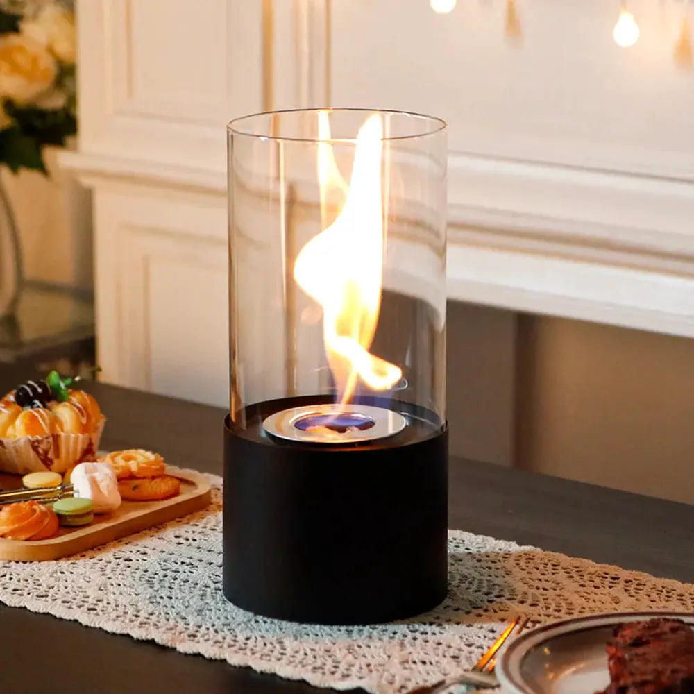 JHY DESIGN portable cylindrical tabletop firepit with glass, black base and warm flame
