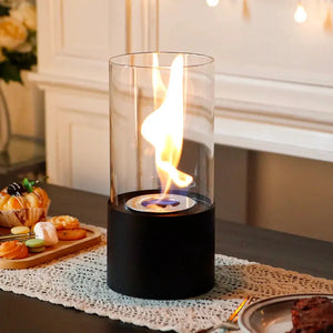 JHY DESIGN portable cylindrical tabletop firepit with glass, black base and warm flame