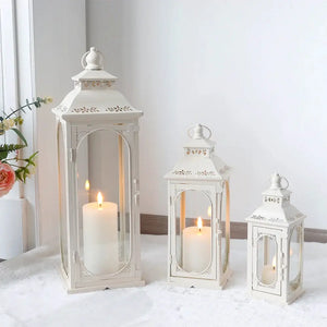 Set of 3 cream white decorative candle lanterns by JHY DESIGN with glass panels