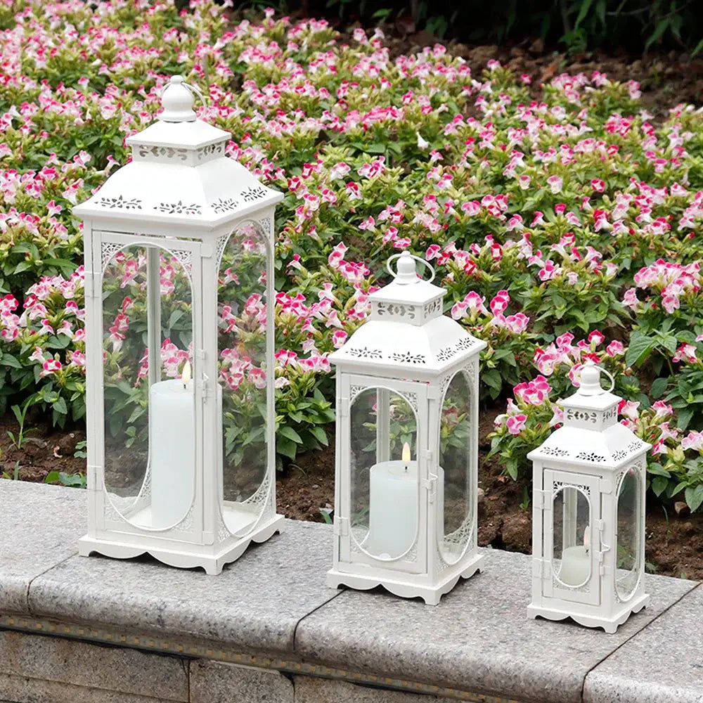 Set of 3 cream-white decorative candle lanterns by JHY DESIGN in 10, 14, and 19.5 in heights