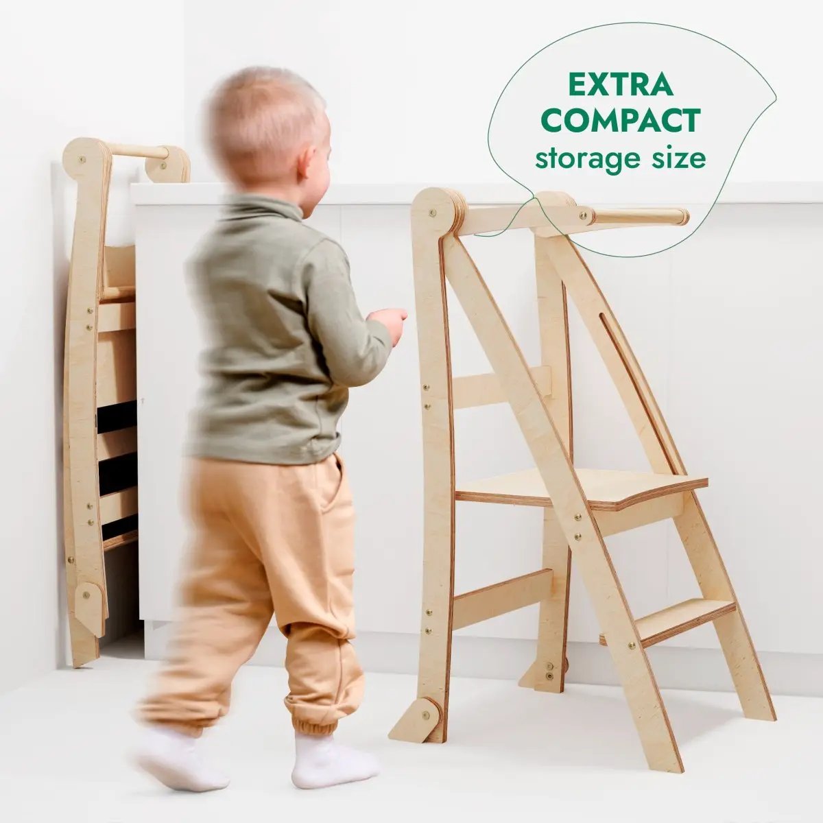 Toddler Tower foldable wooden step stool, beige; two towers shown, Goodevas, extra compact storage size