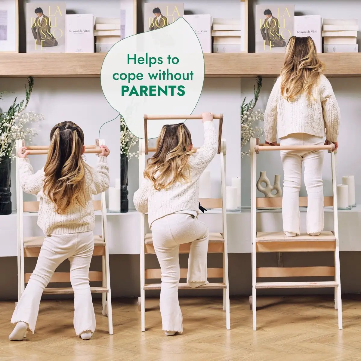Toddler Tower foldable step stools in beige; three are shown in use by children.