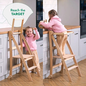 Toddler Tower foldable step stool in beige wood by Goodevas; two kids use it at a kitchen counter.