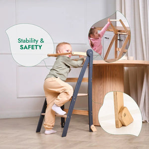 Goodevas Toddler Tower foldable step stool in beige with dark blue legs; kids climbing at a wooden table.