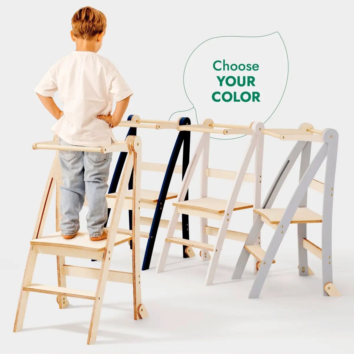 Goodevas Helper Tower foldable toddler step stool set of 4 in natural wood and white frames