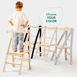 Goodevas Helper Tower foldable toddler step stool set of 4 in natural wood and white frames