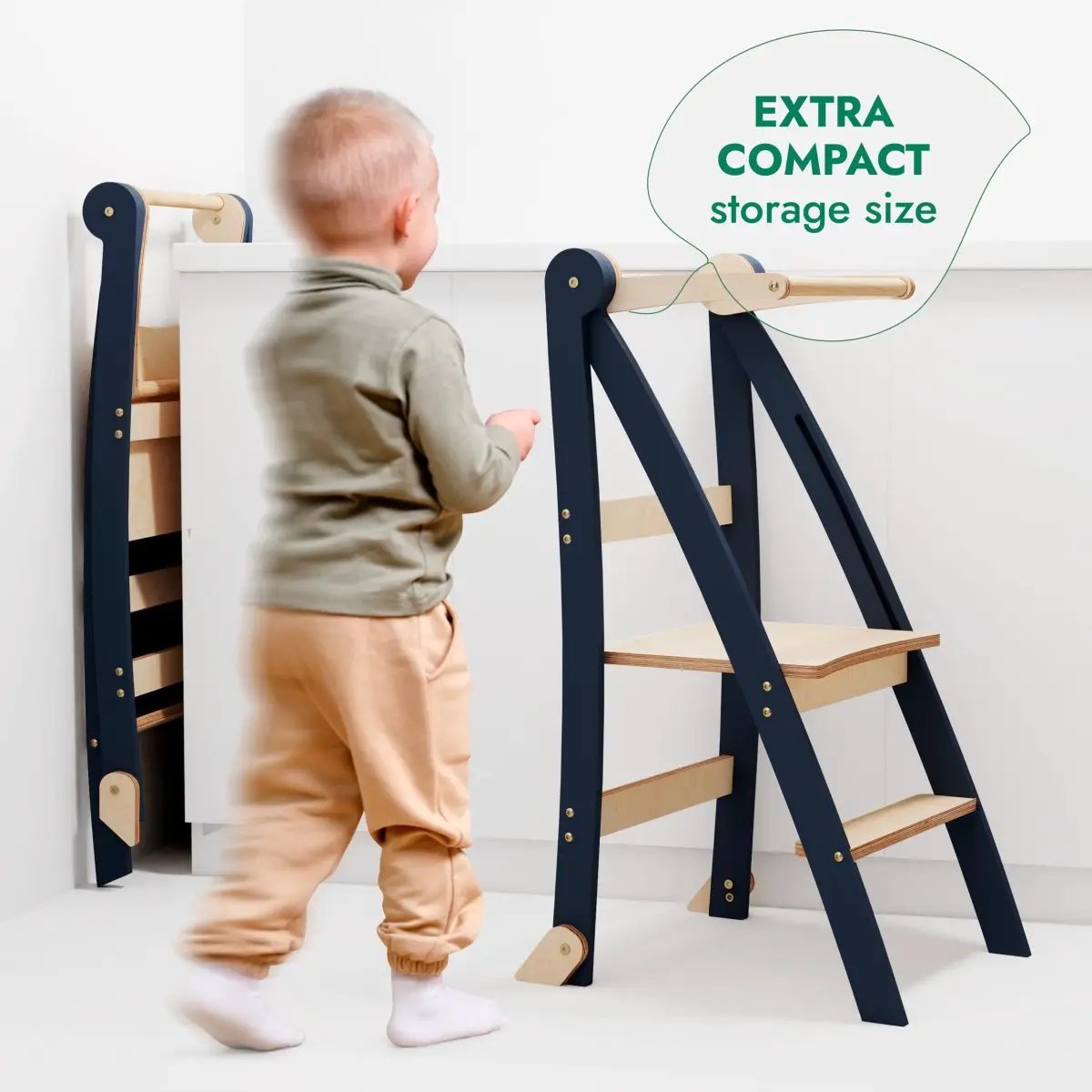 Toddler Tower: graphite navy step stool with natural wood steps