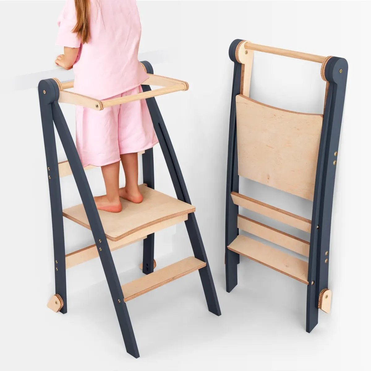 Goodevas Toddler Tower; graphite frame with natural wood steps, sturdy kid step stool (2 shown)