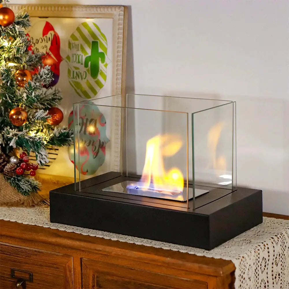 360° View Rectangular Tabletop Fire Bowl with four-sided glass, black base, JHY DESIGN