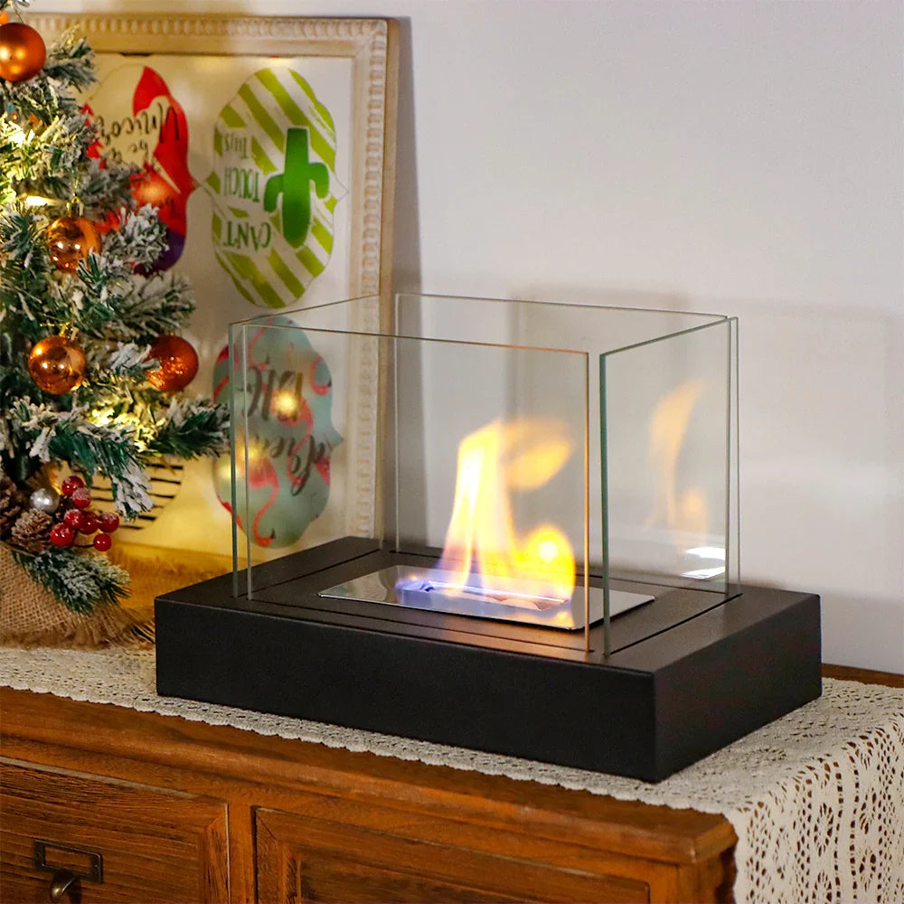 360° View Rectangular Tabletop Fire Bowl With Four-Sided Glass