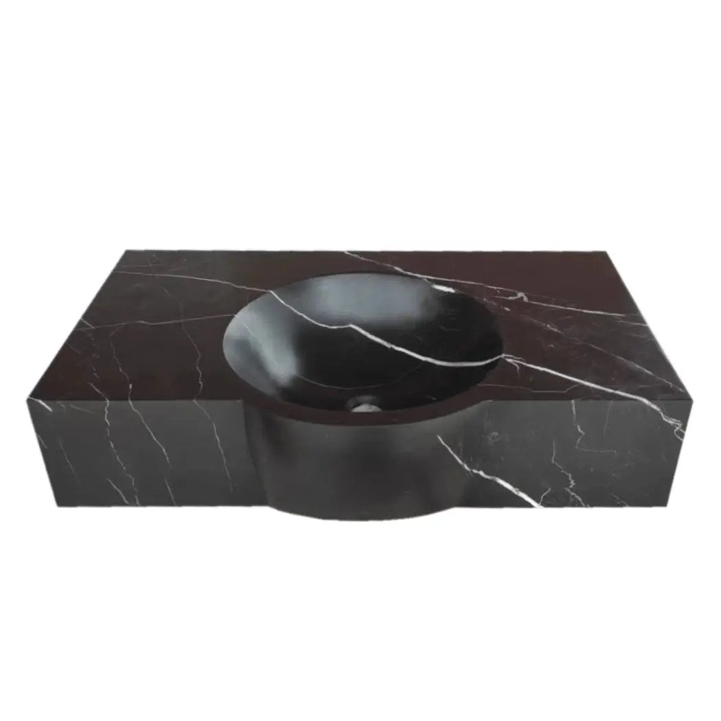 Toros black marble rectangular wall-mount bathroom sink with round bowl, Villohome