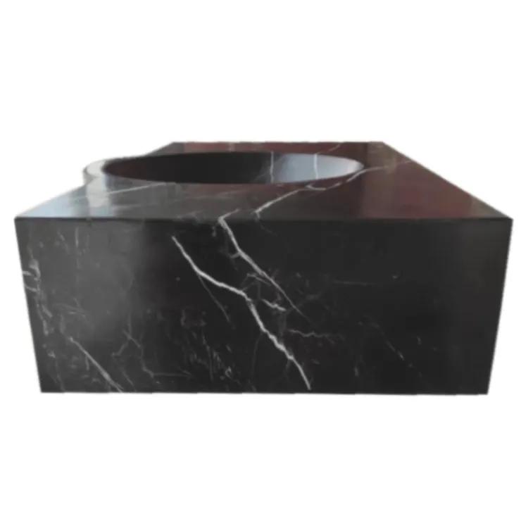 Toros black marble rectangular wall-mount bathroom sink with circular basin, 30 in L x 17 in W x 6 in H