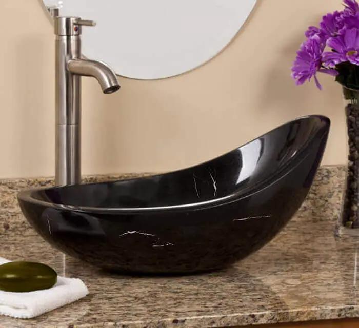 Marble special design above-counter sink, black polished stone bowl on granite countertop with chrome faucet