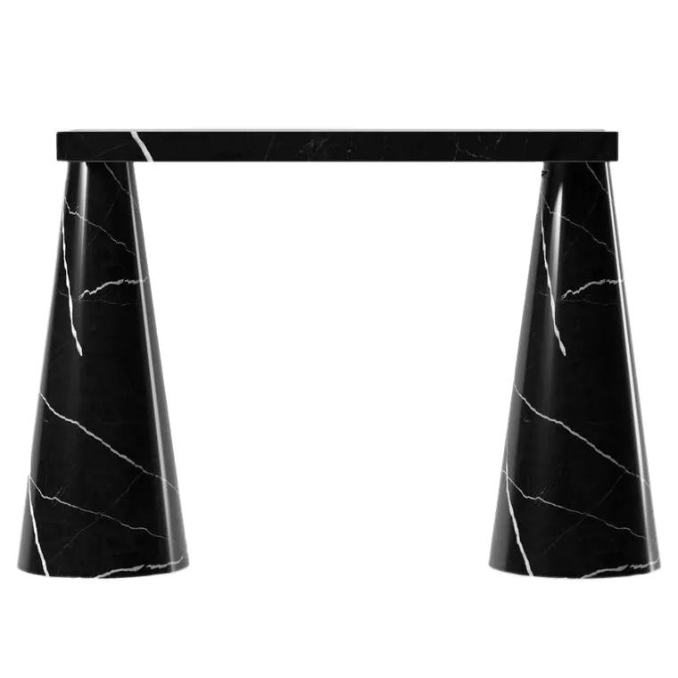 Toros black marble designer console table with polished top and cone-shaped legs by Villohome