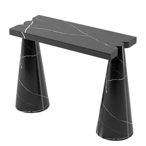 Toros Black Marble Designer Console with cone-shaped legs and white-veined marble top