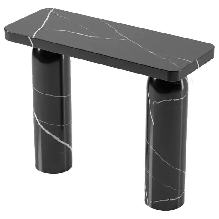 Toros black marble designer console with round cylindrical legs in polished finish