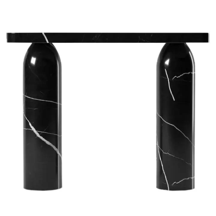 Toros black marble designer console with two round legs and slim polished top by Villohome