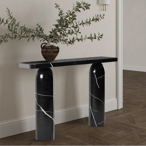 Toros black marble designer round-leg console table by Villohome